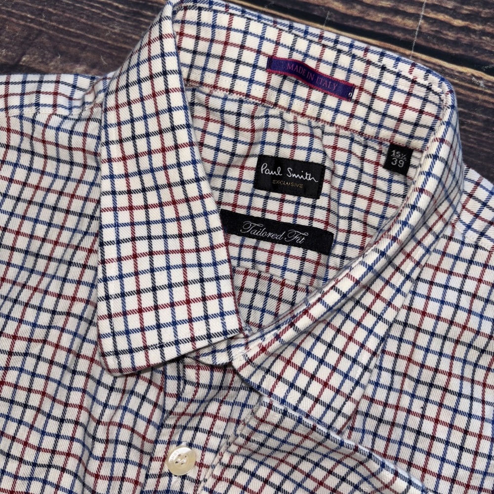 Paul Smith Shirt Men 15.5/39 Red Blue White Check CollarButton Up Italy Cotton
